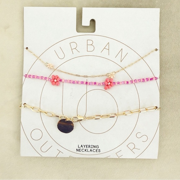 NWT Urban Outfitters Gold Bright Pink Beaded Layered Necklace - Picture 1 of 3